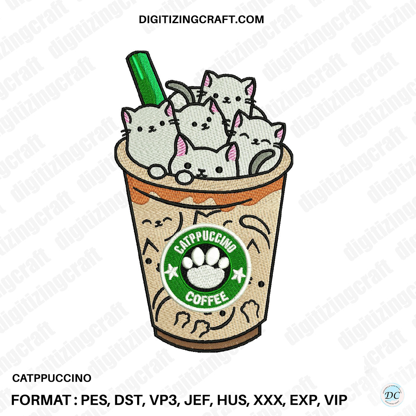 Catppuccino,cat coffee embroidery design